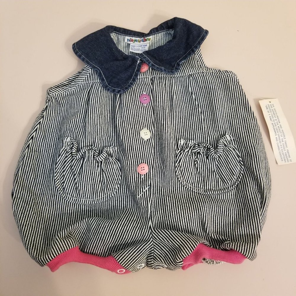 Babyclothes 18M Blue White Stripe Bubble Romper Vintage 90s Engineer Denim Jean